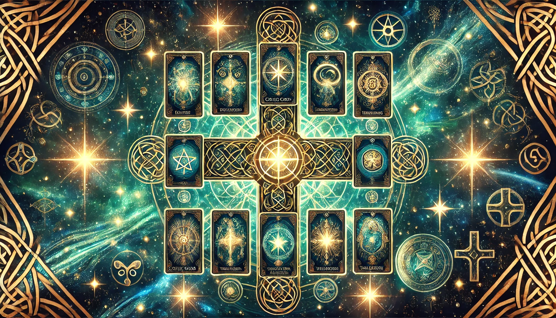 Mystical Tarot Card Reading with the Celtic Cross Spread – Ten tarot cards arranged in the traditional Celtic Cross pattern, glowing with mystical energy, surrounded by a Celtic knot design and a cosmic background with stars and zodiac symbols.